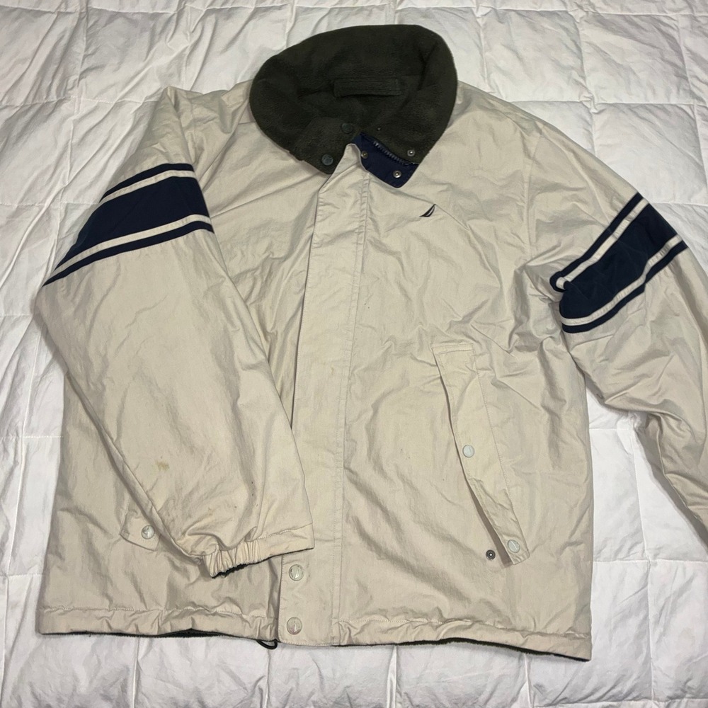 Nautica Reversible Jacket Mens XXL Cream Navy Fleece Green Full Zip Vintage